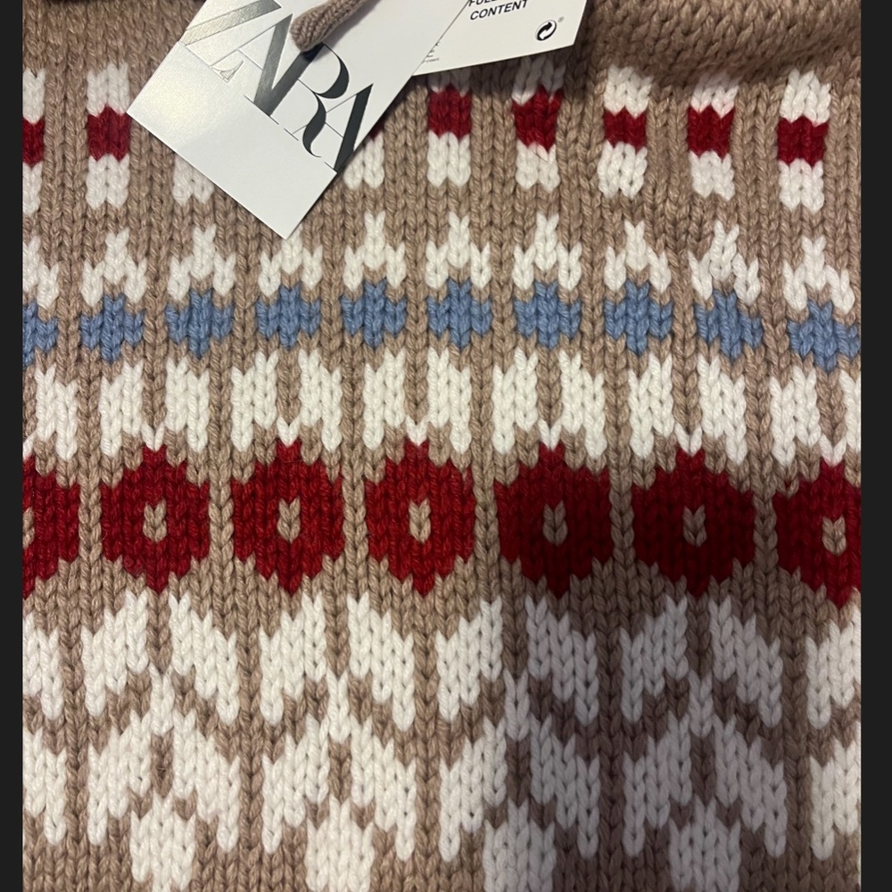 Zara limited edition brown camel Fair Isle wool jacquard poncho sweater … - Picture 7 of 14